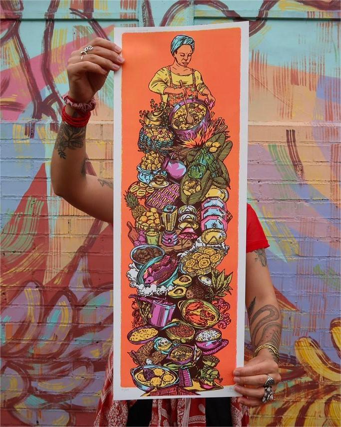 Colorful illustration by Colombian artist of a woman cooking food on an orange background, at Ocio Art Gallery in Bogota, Colombia. 